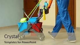  Presentation with cleaning - PPT theme consisting of young man with cleaning supplies background and a mint green colored foreground