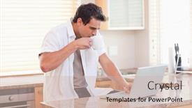  Presentation with social isolation - PPT layouts featuring young man with coffee and laptop in the kitchen working from home in quarantine lockdown social distancing self isolation background and a soft green colored foreground