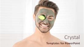  Presentation with cosmetic - Slides consisting of young man with cosmetic mask on his face in bathroom background and a lemonade colored foreground