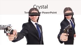  Presentation with gun - PPT theme with young man with covered eyes background and a soft green colored foreground