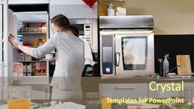  Presentation with man door - Colorful presentation design enhanced with young man with cup of tea or coffee opening fridge door and talking on cellphone backdrop and a violet colored foreground