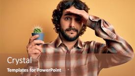  Presentation with hand holding plant - Cool new PPT theme with young-man-with-curly-hair backdrop and a red colored foreground