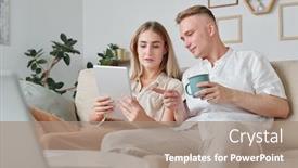  Presentation with gadget - Beautiful presentation featuring young-man-with-drink-pointing backdrop and a coral colored foreground