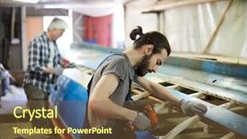  Presentation with drilling - PPT theme enhanced with young man with electric drill background and a tawny brown colored foreground