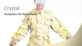  Presentation with sticky notes - Beautiful PPT layouts featuring young man with eyes painted on stickers covered with yellow sticky notes backdrop and a white colored foreground