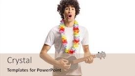  Presentation with ukulele - Slide deck with young-man-with-flower-chain background and a coral colored foreground