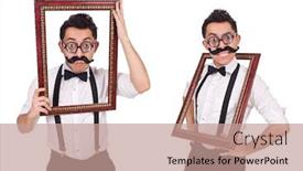  Presentation with old white antique frame - Presentation design consisting of young man with frame isolated on white background and a coral colored foreground
