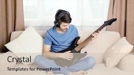  Presentation with guitar - PPT theme with young man with guitar background and a soft green colored foreground