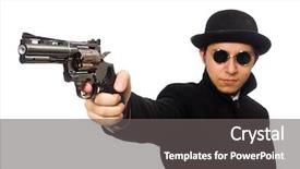  Presentation with charging gun man hands charging - Beautiful slide deck featuring young man with gun isolated backdrop and a dark gray colored foreground
