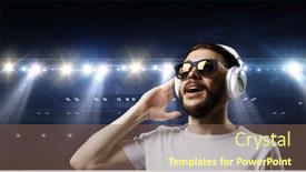  Presentation with headphones - PPT layouts having young-man-with-headphones-mixed background and a violet colored foreground