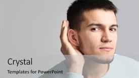  Presentation with hearing - Amazing slide deck having young man with hearing problem backdrop and a light gray colored foreground