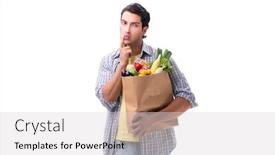  Presentation with grocery - Theme consisting of young man with his grocery shopping on white background and a light gray colored foreground