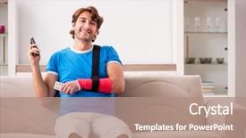  Presentation with 3d man sitting question mark - Theme with young man with injured arm background and a  colored foreground