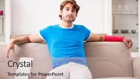  Presentation with 3d man sitting question mark - Slides having young man with injured arm background and a  colored foreground