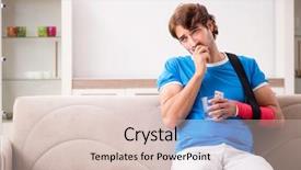  Presentation with 3d man sitting question mark - Presentation theme having young man with injured arm background and a  colored foreground