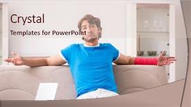  Presentation with 3d man sitting question mark - Slides featuring young man with injured arm background and a  colored foreground