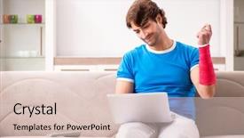  Presentation with 3d man sitting question mark - Audience pleasing presentation consisting of young man with injured arm backdrop and a  colored foreground