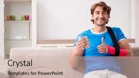  Presentation with industrial robot arm - Audience pleasing theme consisting of young man with injured arm backdrop and a  colored foreground