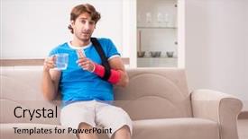  Presentation with 3d man sitting question mark - Slide deck consisting of young man with injured arm background and a  colored foreground