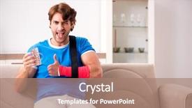  Presentation with 3d man sitting question mark - Cool new PPT theme with young man with injured arm backdrop and a coral colored foreground