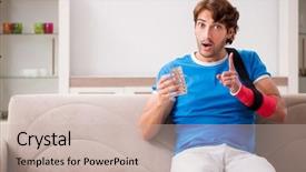  Presentation with 3d man sitting question mark - Beautiful presentation theme featuring young man with injured arm backdrop and a soft green colored foreground