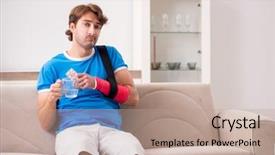  Presentation with 3d man sitting question mark - Slide deck consisting of young man with injured arm background and a coral colored foreground