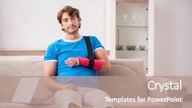  Presentation with 3d man sitting question mark - Slides enhanced with young man with injured arm background and a coral colored foreground