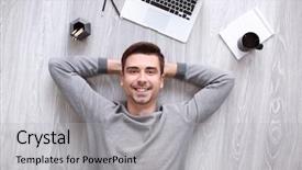  Presentation with floor - Beautiful presentation theme featuring young man with laptop lying backdrop and a light gray colored foreground