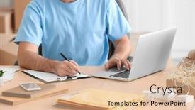  Presentation with home office - Presentation design enhanced with beginner pc - young man with laptop preparing background and a lemonade colored foreground