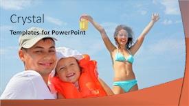  Presentation with upwards - Colorful theme enhanced with young man with little girl in orange life-jacket and beautiful woman with plastic toy bucket woman lifted hands upwards backdrop and a light blue colored foreground