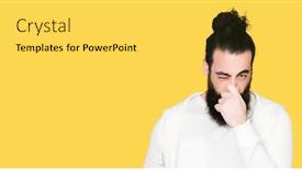  Presentation with bad breath - Amazing presentation design having young man with long hair and beard wearing sporty sweatshirt smelling something stinky and disgusting intolerable smell holding breath with fingers on nose bad smells concept backdrop and a light gray colored foreground