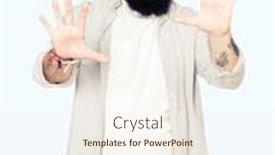  Presentation with panic - Presentation enhanced with young man with long hair beard and earrings afraid and terrified with fear expression stop gesture with hands shouting in shock panic concept background and a sky blue colored foreground