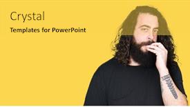  Presentation with heavy metal - Audience pleasing presentation theme consisting of young man with long hair and beard wearing heavy metal black outfit looking stressed and nervous with hands on mouth biting nails anxiety problem backdrop and a yellow colored foreground