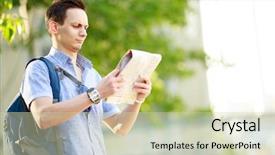  Presentation with city map - Amazing PPT layouts having young man with map at the city street backdrop and a soft green colored foreground