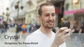  Presentation with young man on the phone - Presentation having young man with mobile phone background and a  colored foreground