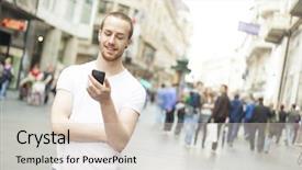  Presentation with city people walking - Slides consisting of young man with mobile phone background and a  colored foreground