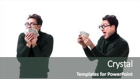  Presentation with young man holdng laptop on lap money - Audience pleasing presentation consisting of young man with money isolated backdrop and a dark gray colored foreground