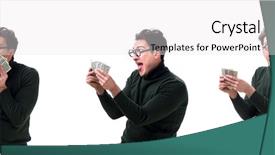  Presentation with money - Audience pleasing PPT theme consisting of young man with money isolated backdrop and a white colored foreground