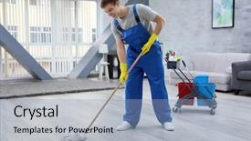  Presentation with cleaning services - Theme featuring young man with mop cleaning background and a light blue colored foreground