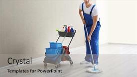  Presentation with room cleaning - Beautiful slide deck featuring young man with mop cleaning floor in the room backdrop and a light gray colored foreground