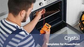  Presentation with multimeter - Presentation theme featuring young man with multimeter repairing background and a ocean colored foreground