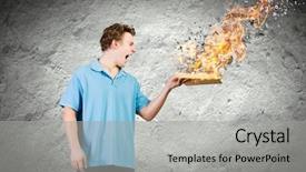  Presentation with book burning - Beautiful PPT theme featuring young man with opened burning backdrop and a light gray colored foreground