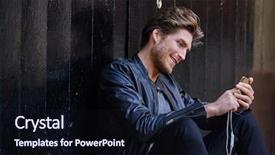  Presentation with man door - Audience pleasing presentation consisting of young man with smartphone earphones sitting in the street black door backdrop and a wine colored foreground