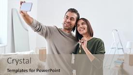  Presentation with house key - Colorful PPT layouts enhanced with young-man-with-smartphone-making backdrop and a light gray colored foreground