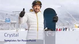  Presentation with snowboard - PPT layouts featuring young-man-with-snowboard-gesturing background and a sky blue colored foreground