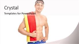  Presentation with swim - Presentation theme featuring young man with swim goggles carrying a towel on his shoulder and smiling isolated on white background background and a sky blue colored foreground