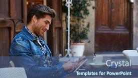  Presentation with coffe - Slides with young man with tablet pc touch in an cafe outdoor having some coffe cup background and a ocean colored foreground