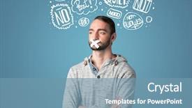  Presentation with barricade tape red and white - PPT theme featuring young man with taped mouth and white drawn thought clouds around his head background and a seafoam green colored foreground