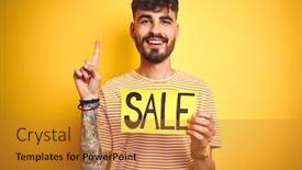  Presentation with tattoo - Presentation with young man with tattoo holding sale banner standing over isolated yellow background surprised with an idea or question pointing finger with happy face number one background and a gold colored foreground