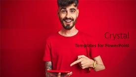  Presentation with tattoo - Slide deck with young man with tattoo using tablet standing over isolated red background very happy pointing with hand and finger background and a dark gray colored foreground